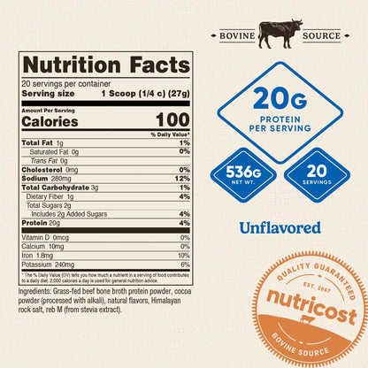 Nutricost Beef Bone Broth Protein Powder Chocolate (20 Servings) - Gluten-Free, GMO-Free Nutricost