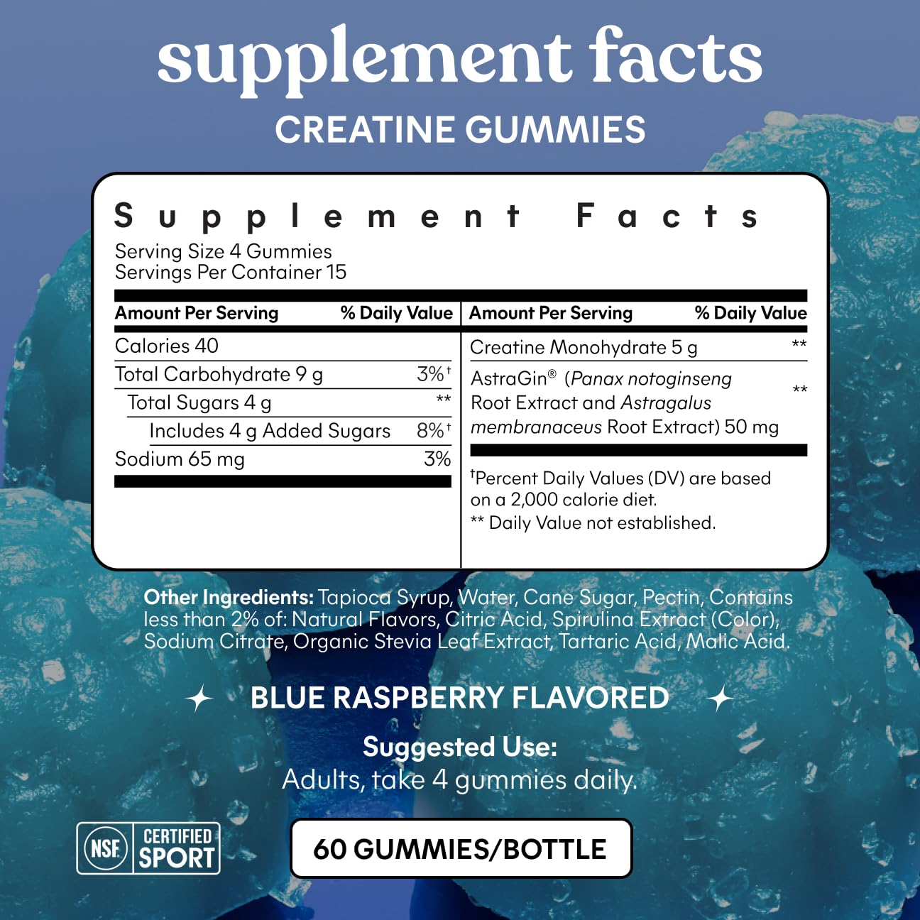 Lemme Creatine Monohydrate Gummies for Women and Men, 5g Dose to Support Lean Muscle, Strength, Recovery, Cognitive Health, w/Ginseng for Absorption, Sour Strawberry, NSF Certified, 60 Gummies