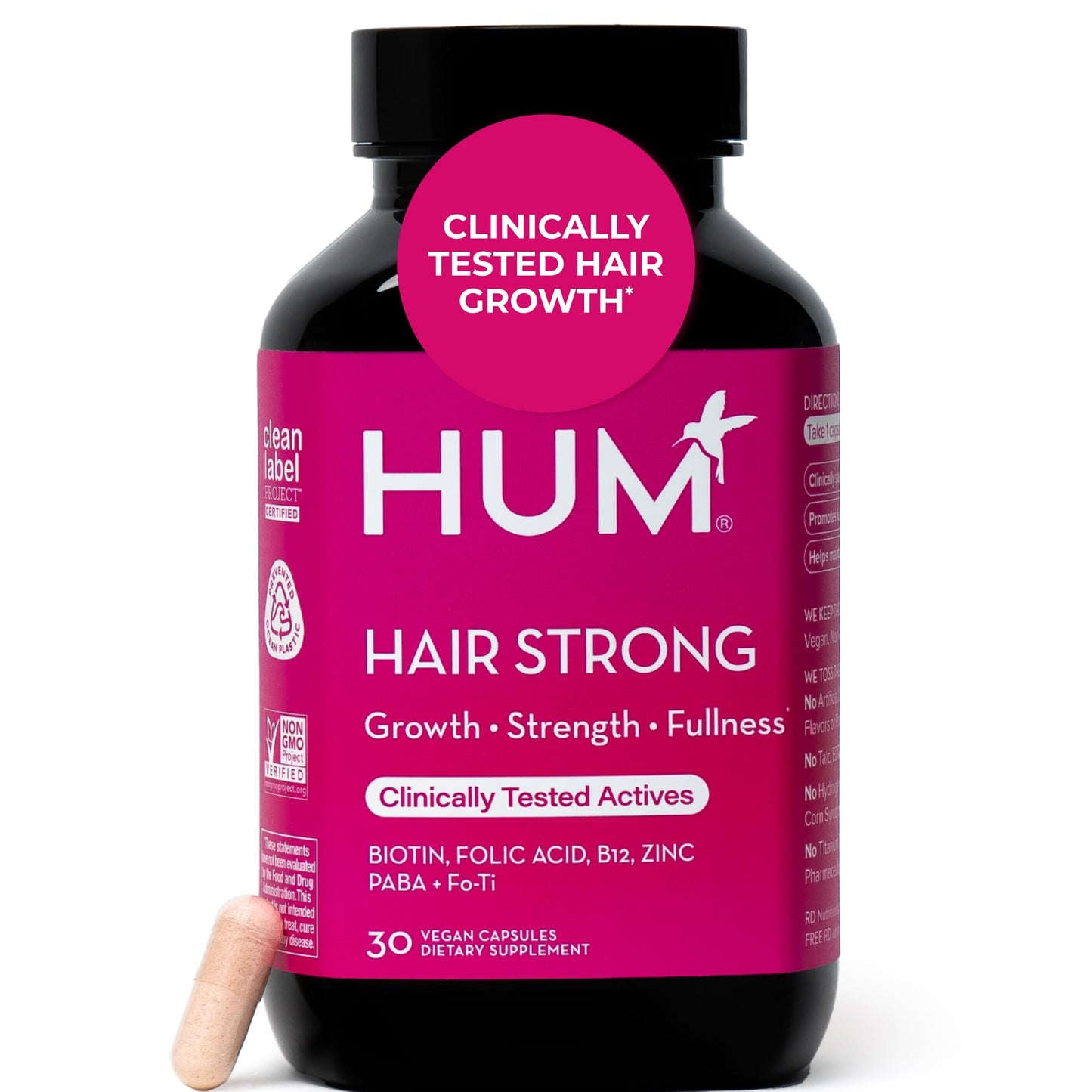 HUM Hair Strong Daily Hair Growth Gummies with Biotin, Zinc, Vitamin B12 to Support Growth, Folic Acid & Vitamin B12 Gummy Vitamins for Healthy Hair Support for Women and Men, 60 Gummies