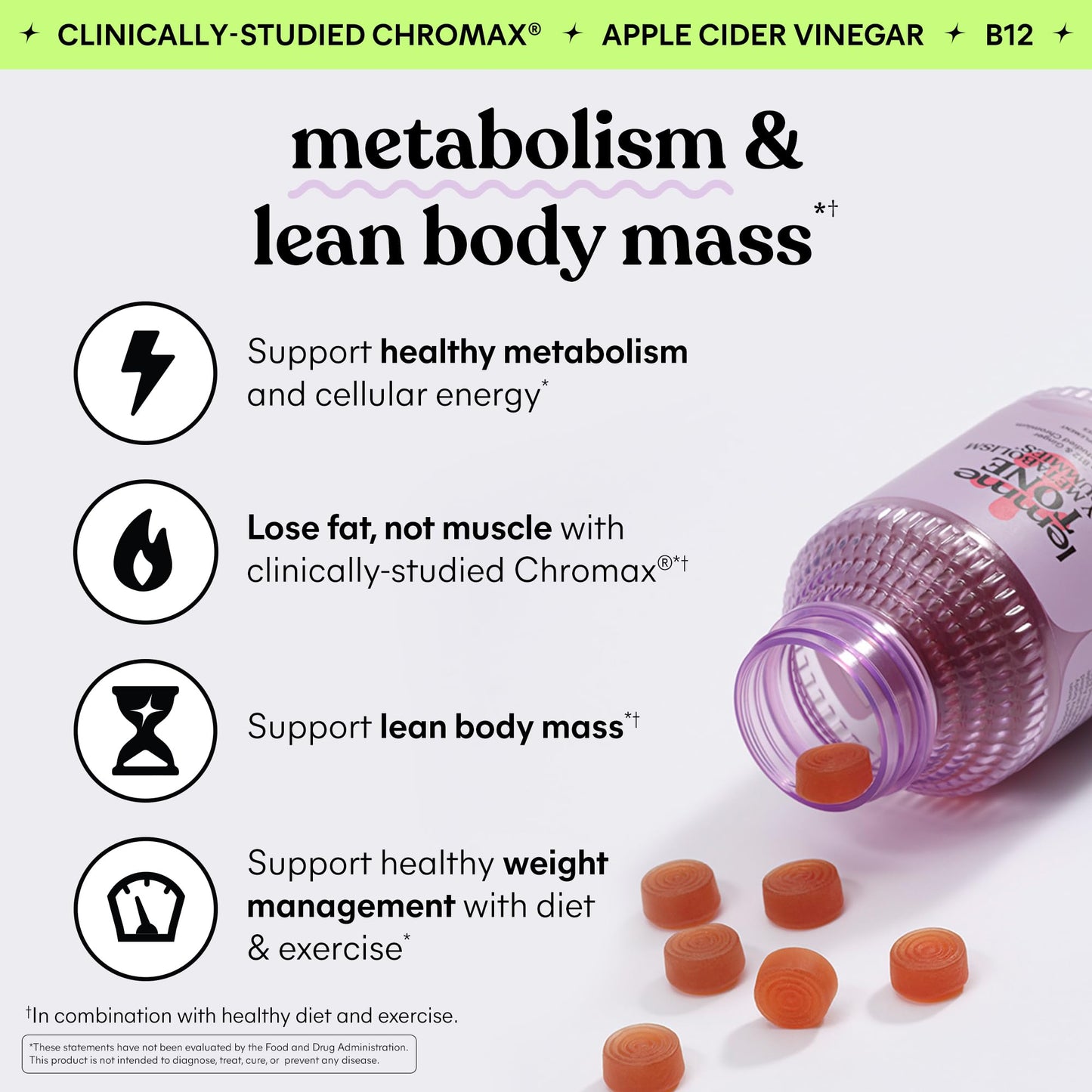 Lemme Tone Metabolism Gummies, Apple Cider Vinegar, Clinically Studied Chromium, B12, Ginger Root Extract, Promote Lean Body Mass Lemme