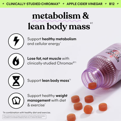 Lemme Tone Metabolism & Body Toning Gummies with Apple Cider Vinegar, Clinically Studied Chromium & B12, Blood Sugar & Weight Management Support, Watermelon Apple Flavor, 60 Count, 30-Day Supply