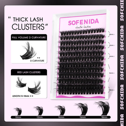 SOFENIDA Lash Clusters Kit 80D Lash Clusters Kit 10-18mm Volume Eyelash Clusters D Curly Cluster Eyelash Extensions 3D Wispy Lashes Cluster DIY Lash Extension Kit(80D-10-18MIX Thick Kit) SOFENIDA