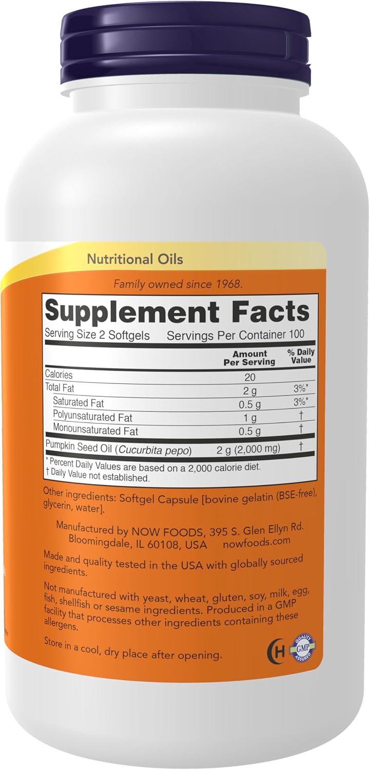 NOW Supplements, Pumpkin Seed Oil 1000 mg with Essential Fatty Acids and Phytosterols, Cold Pressed, 200 Softgels Gsupps Australia
