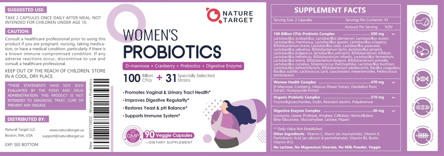 NATURE TARGET Probiotics for Women, 100 Billion CFUs Probiotic with Digestive Enzymes & Prebiotics, Vaginal Probiotics with Cranberry for Urinary Tract Health NATURE TARGET