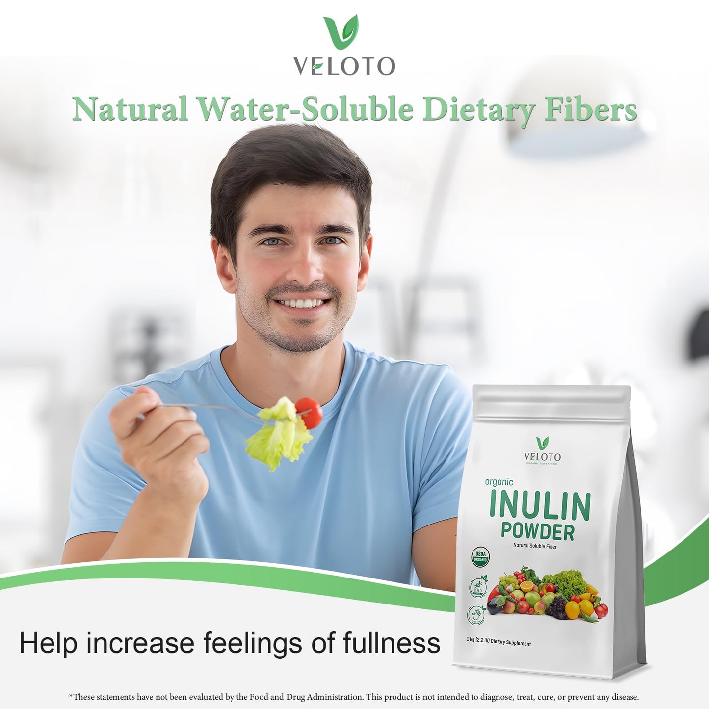 VELOTO Organic Inulin Powder – Prebiotic Fiber Supplement for Smoothies & Drinks, 2.2 lb, Flavorless, Water Soluble, Vegan & Non-GMO VELOTO
