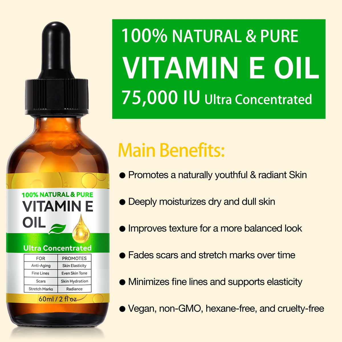 flasture Vitamin E Oil 75,000 IU – 100% Pure Natural Vitamin E for Skin, Face, Hair, Scars – Deep Moisturizing Body Oil for Dry Skin, Wrinkles – Cold-Pressed, Non-GMO,Skincare – 2 Fl Oz flasture