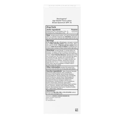 Neutrogena Age Shield Face Oil-Free Sunscreen Lotion with Broad Spectrum SPF 70, Non-Comedogenic Moisturizing Sunscreen to Help Prevent Signs of Aging, PABA-Free, 3 fl. oz. Neutrogena
