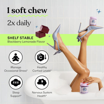 Lemme Relax Soft Chews with Magnesium Glycinate & Citrate, KSM-66 Ashwagandha + L-Theanine to Support Stress Relief, Cortisol Levels, Mood & Healthy Sleep Cycles, BlackBerry Lemonade (30 Chews)