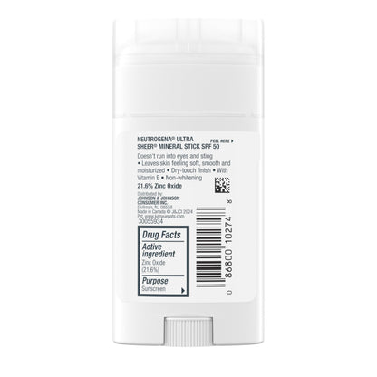 Neutrogena Ultra Sheer Dry Touch SPF 50 Mineral Sunscreen Stick for Sensitive Skin, Zinc Oxide, Body & Face Sunscreen Neutrogena