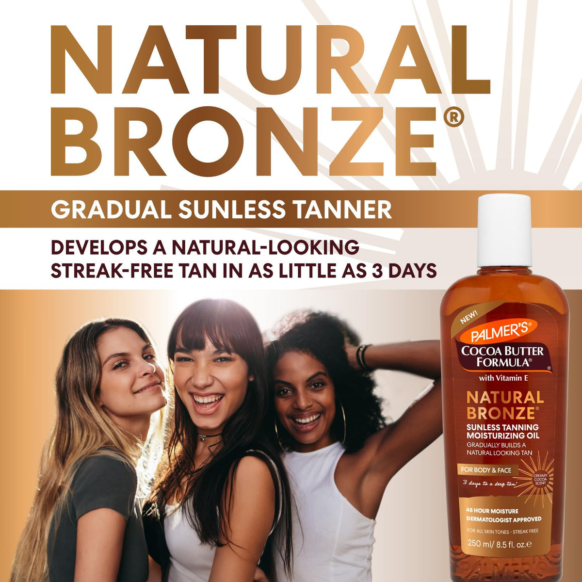 Palmer’s Cocoa Butter Formula, Natural Bronze Sunless Tanning Moisturizing Body Oil (8.5 fl oz), Face & Body Gradual Tanner, Buildable, Natural-Looking Tan in 3 Days, No Streak, 48-Hour Moisture Palmer's