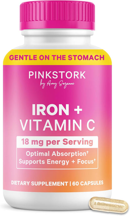 Pink Stork Iron for Women with Vitamin C, 60 Capsules, 2-Month Supply | 18 mg Chelated Iron Bisglycinate + Vitamin C, Supports Energy, Focus + Oxygen, Pregnancy, Postpartum, PMS + Perimenopause