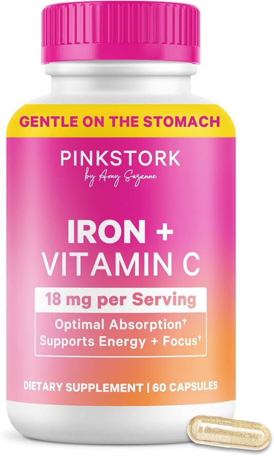 Pink Stork Iron for Women with Vitamin C, 60 Capsules, 2-Month Supply | 18 mg Chelated Iron Bisglycinate + Vitamin C, Supports Energy, Focus + Oxygen, Pregnancy, Postpartum, PMS + Perimenopause