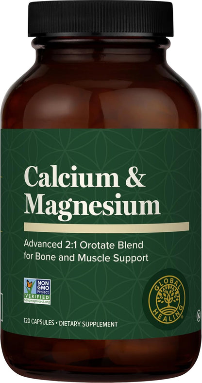 Global Healing Calcium and Magnesium Orotate - Bone Strength Supplement for Women and Men - Helps Support Strong Teeth and Cardiovascular Health for Normal Muscle Function - 120 Capsules