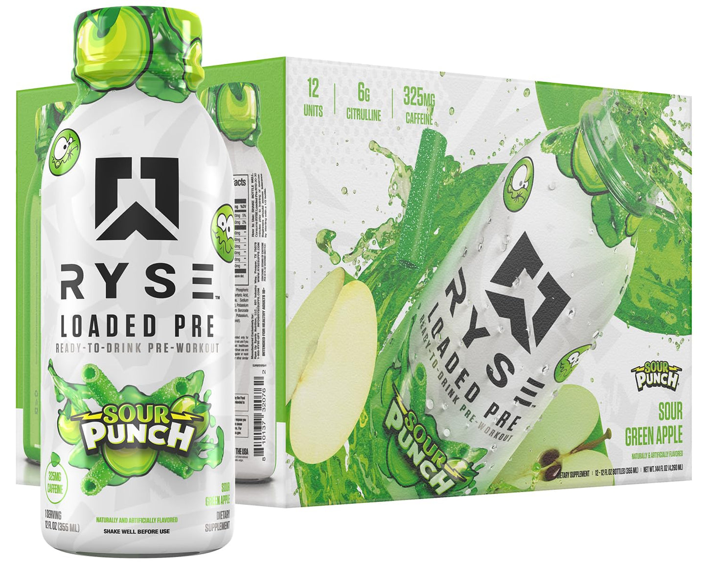 RYSE Loaded Pre Workout Drink - Ring Pop Cherry - Sugar-Free, Ready to Drink Energy Supplement with 325mg Caffeine, Citrulline & Beta Alanine for Focus & Pump - 12 fl oz Bottles (Pack of 12)