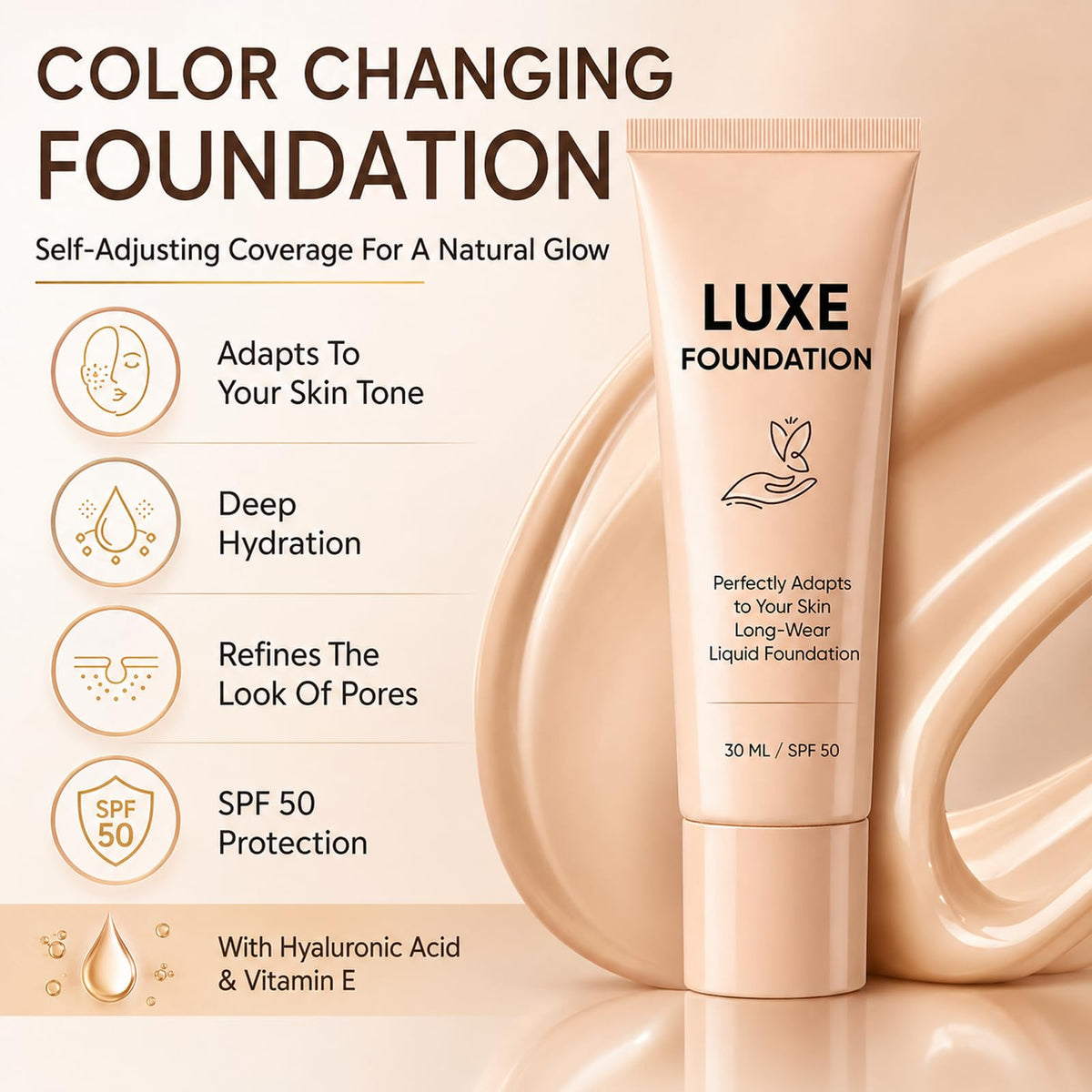 Luxe Foundation for Women, Color Changing Foundation, Hyaluronic Acid & Vitamin E, Creates Flawless Skin, Deep Hydration & Refines Pores for Natural Glow 30 ML LUXE FOUNDATION