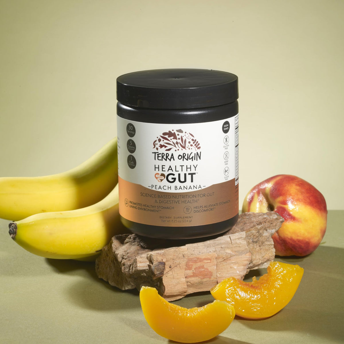 TERRA ORIGIN Healthy Gut Peach Banana | 30-Servings with L-Glutamine, Zinc, Glucosamine, Slippery Elm Bark, Marshmallow Root and More! TERRA ORIGIN