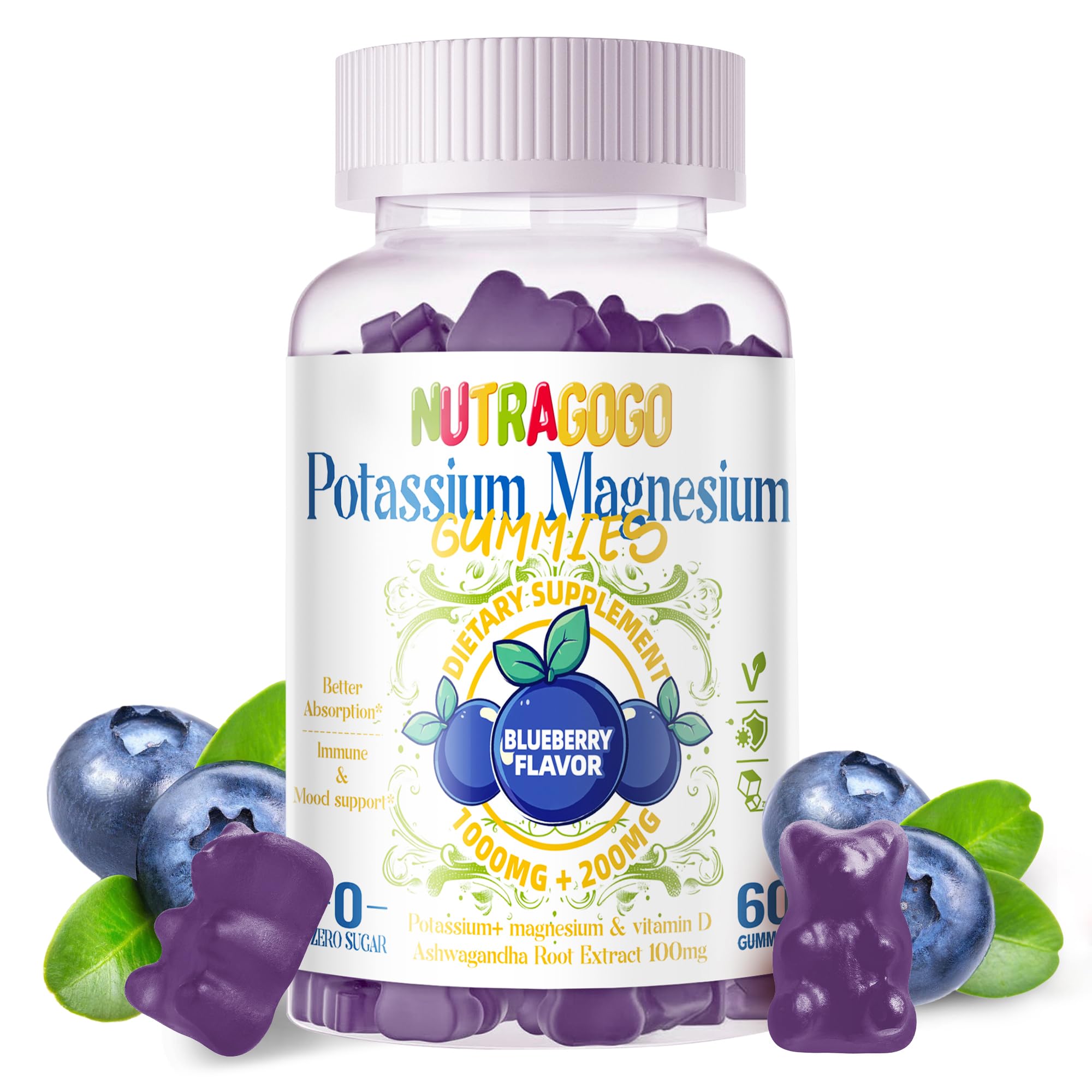 Potassium Magnesium Gummies,Potassium Supplement w/Ashwagandha,High Absorption Magnesium Glycinate,B6,D3,Potassium Citrate for Leg Cramps,Muscle,Electroyte for Adults Kids,Sugar-Free, 60 Gummies NUTRAGOGO buy australia supplements