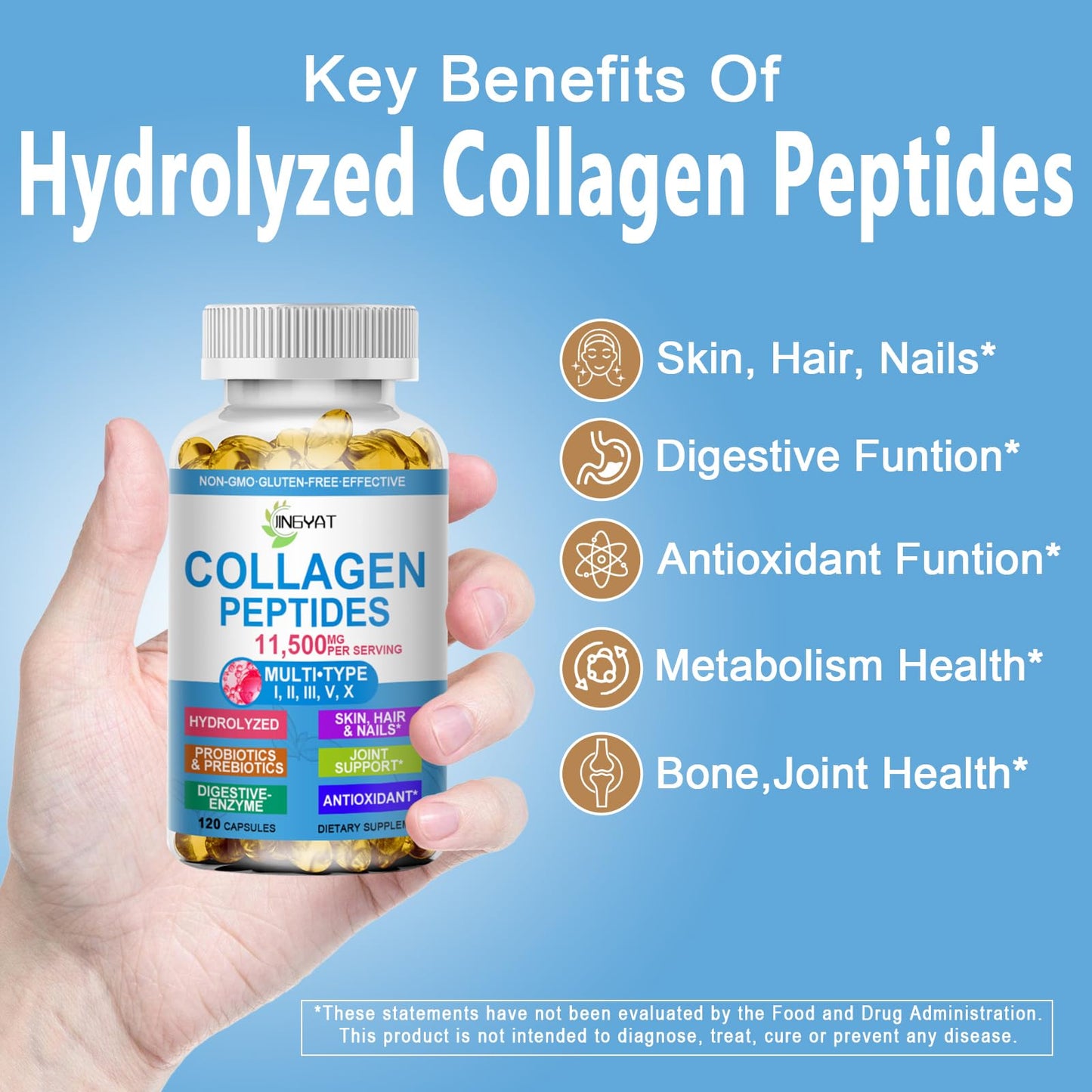 Collagen Peptides Softgels, Multi Collagen Peptide w/ Glucosamine Chondroitin MSM Biotin, Hydrolyzed Collagen Peptides Complex for Women Supports Skin Hair JINGYAT