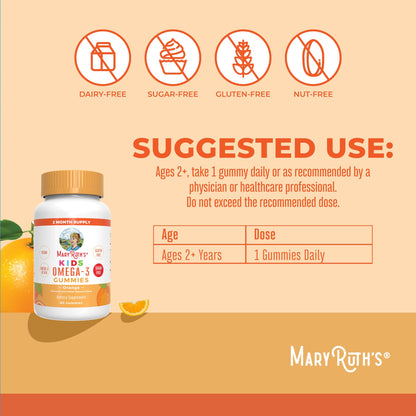 MARYRUTH'S Vegan Omega 3 Gummies for Kids 2+, 2 Month Supply, Sugar Free, Omega 3 Supplement with Vitamin C, Flaxseed Oil, Immune Support MARYRUTH'S