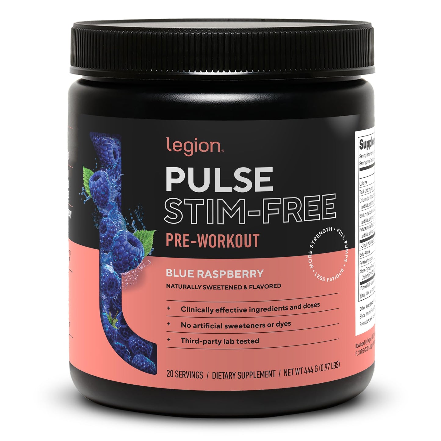 LEGION Pulse Pre Workout Supplement - All Natural Nitric Oxide Preworkout Drink to Boost Energy, Creatine Free, Naturally Sweetened, Beta Alanine, Citrulline, Alpha GPC (Caffeine Free Blue Razz)