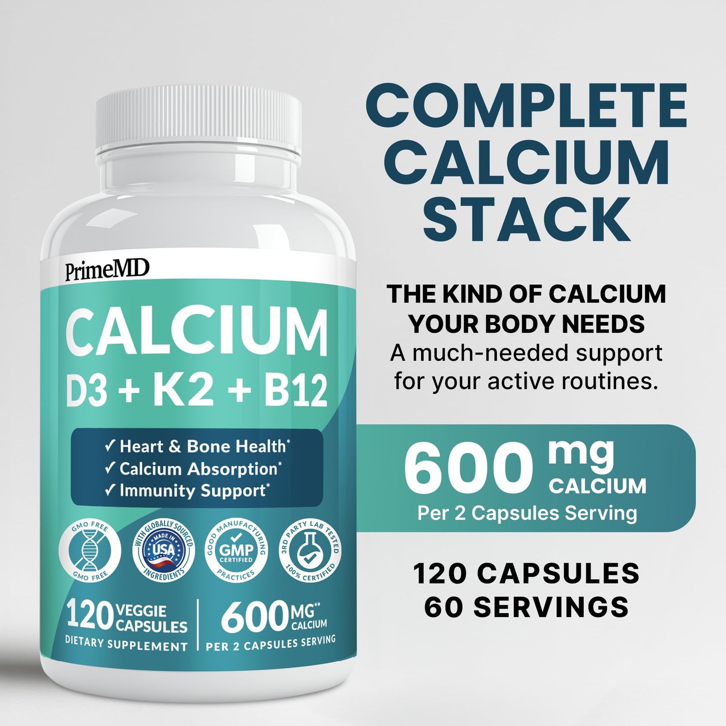 4-in-1 Calcium Supplements for Women & Men - Calcium Citrate with D3 K2 Vitamin 5000 IU - Calcium 600mg with Vitamin D3 K2 - Everyday Vitality Supplement - PrimeMD