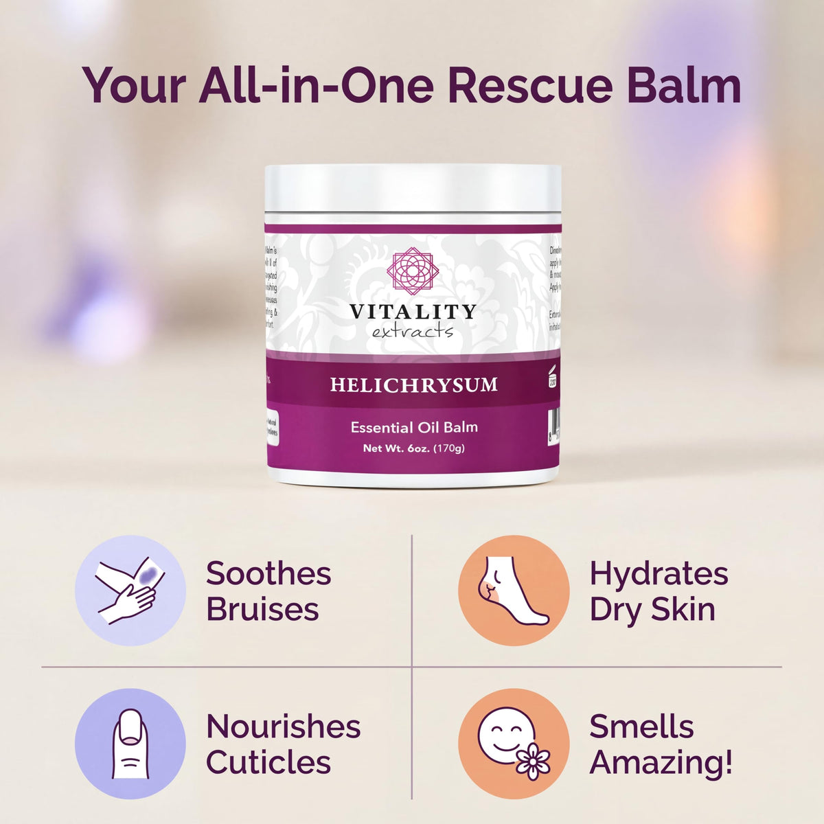Vitality Extracts Helichrysum Balm - 6oz, Helichrysum Gymnocephalum, Beeswax, Almond Oil, Ultra-Moisturizing, Skin Healing, Full Body Hydration Vitality