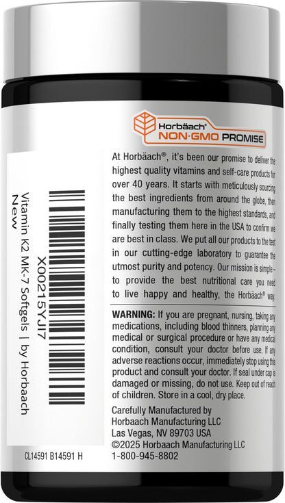 Horbäach Vitamin D3 K2 5000 iu | 100mcg MK-7 Complex | 180 Softgel Capsules | Non-GMO & Gluten Free Supplement Horbäach