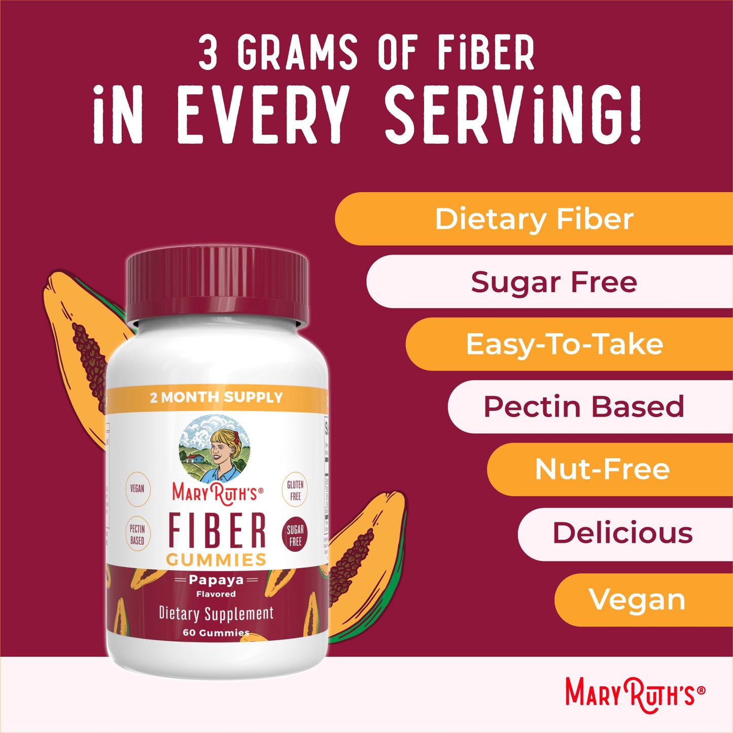 MARYRUTH'S Fiber Gummies for Kids | 2 Month Supply | Sugar Free | Kids Fiber Gummies Ages 4+ | Soluble Fiber Supplement | Gut Health & Digestion Support | 3g Fiber per Gummy | Vegan | 60 Count