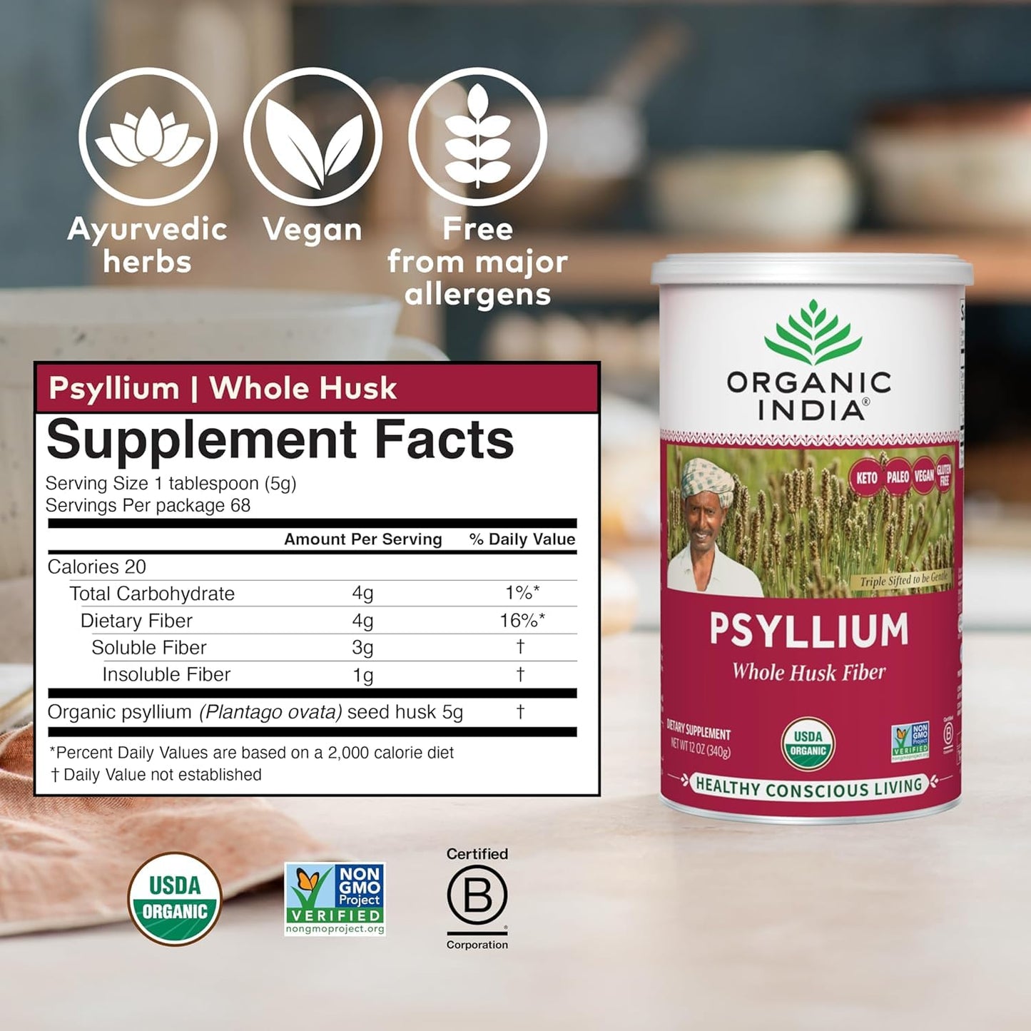 ORGANIC INDIA Psyllium Herbal Powder - Whole Husk Fiber, Vegan, Gluten-Free, USDA Certified Organic, Non-GM ORGANIC INDIA