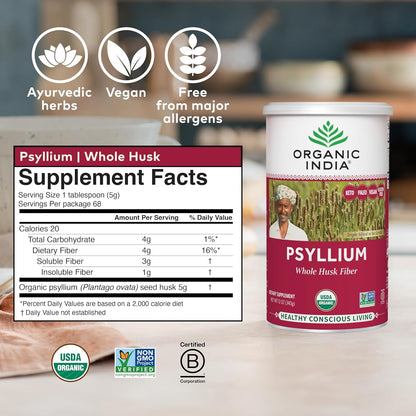 ORGANIC INDIA Psyllium Herbal Powder - Whole Husk Fiber, Vegan, Gluten-Free, USDA Certified Organic, Non-GM ORGANIC INDIA