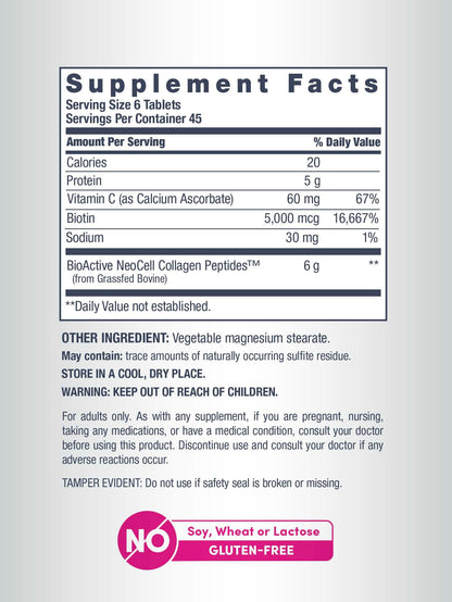 NeoCell Collagen Peptides Pills | 270 Caplets | with Vitamin C and Biotin | Grass Fed Bovine | Hair, Skin, & Nails | for Women and Men NeoCell