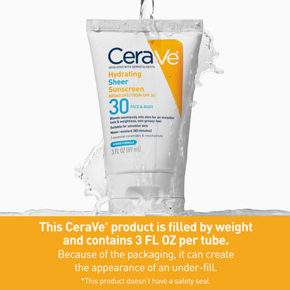 CeraVe Hydrating Sheer Sunscreen SPF 30 with Hyaluronic Acid, 3oz CeraVe