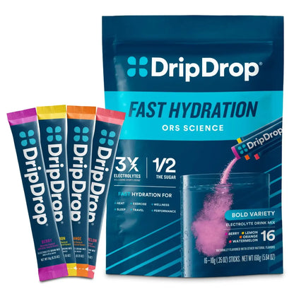 DripDrop Hydration Packets - Bold Variety Pack - Single Serve Electrolytes Powder Drink Mix - Watermelon, Berry, Lemon, Orange DripDrop