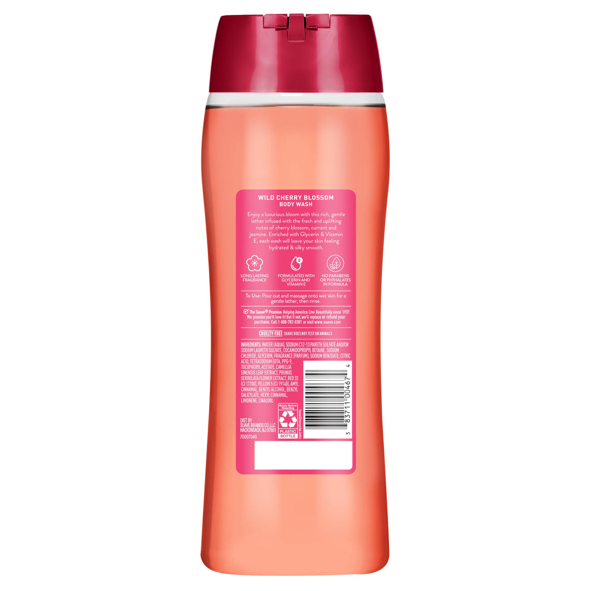 Suave Moisturizing Body Wash, with Wild Cherry Blossom and Vitamin E Extract, No Parabens, No Phtahaltes, 18 Oz Pack of 6 Suave