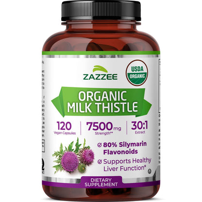 Zazzee USDA Organic Milk Thistle 30:1 Extract, 80% Silymarin, 120 Vegan Capsules, 4 Month Supply, Certified Kosher, High Potency Liver & Antioxidant Support Zazzee