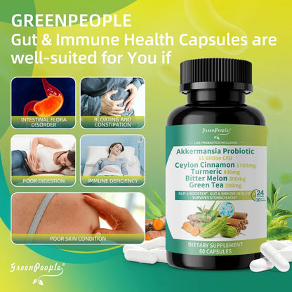 GREENPEOPLE Akkermansia Probiotics 15B CFU for Gut Function, 60CT Probiotics Supplement with Ceylon Cinnamon, Turmeric | Digestive Health & Metabolic Support GREENPEOPLE