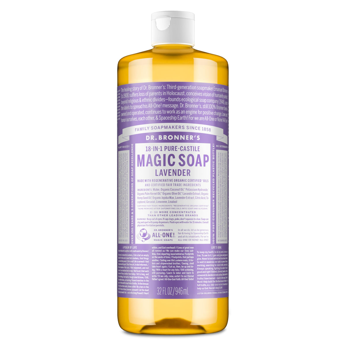 Dr. Bronner's Pure-Castile Liquid Soap, Made with Organic Oils, 18-in-1 Uses: Face, Body, Hair, Laundry, Pets and Dishes, Concentrated, Vegan, Non-GMO, Lavender, 32 Oz Dr. Bronner's