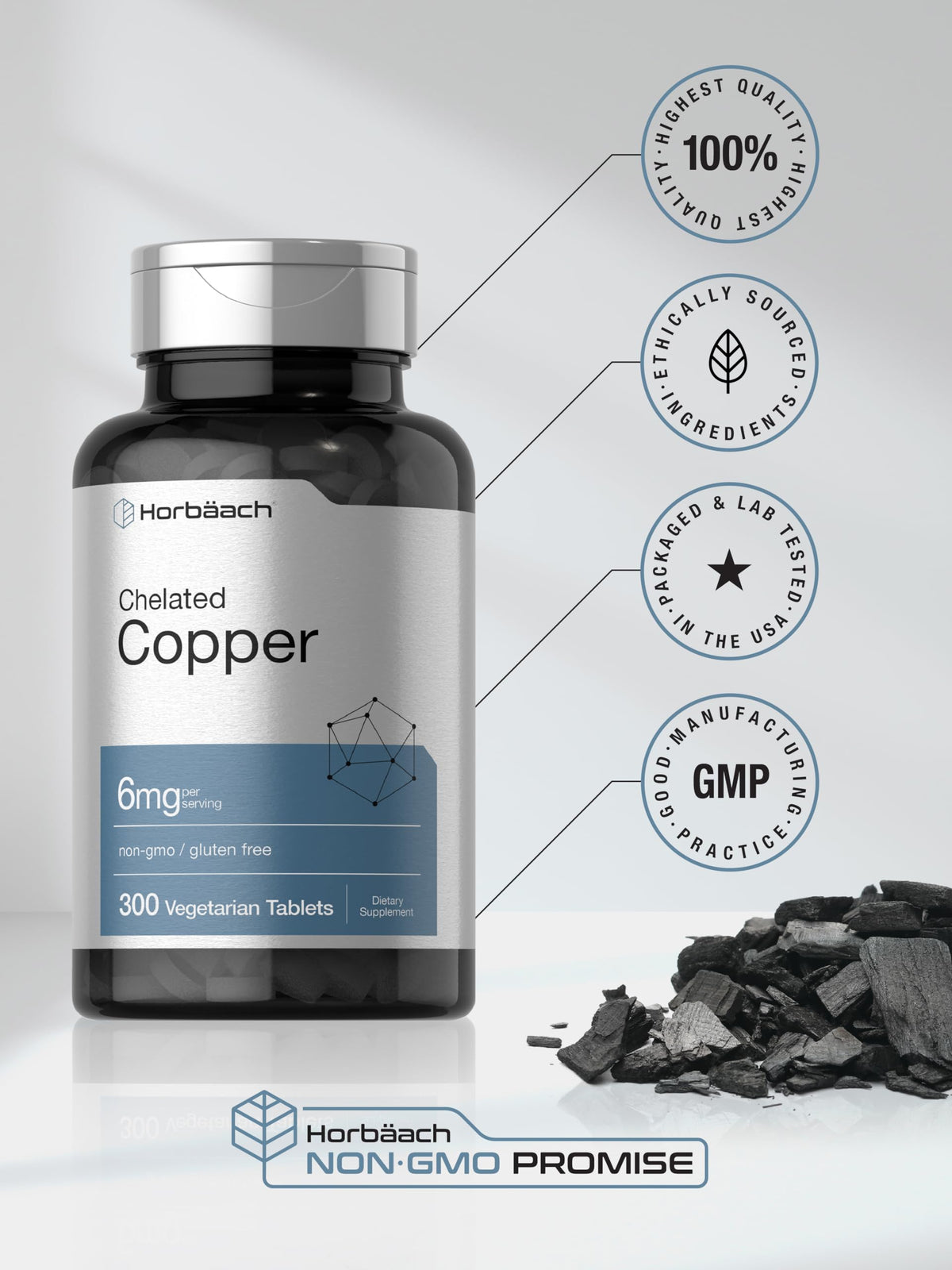 Horbäach Chelated Copper Supplement 6mg | 300 Tablets | Essential Trace Mineral | Vegetarian, Non-GMO, Gluten Free Horbäach