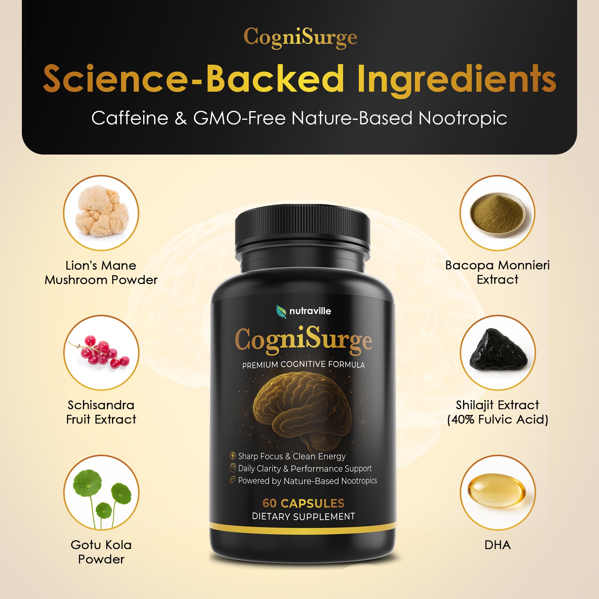 Nutraville CogniSurge Nootropics Brain Support Supplement for Memory and Focus - Nature-Powered Lion's Mane Supplement Capsules with Shilajit - No Caffeine or Stimulants - 30 Servings Nutraville buy australia supplements