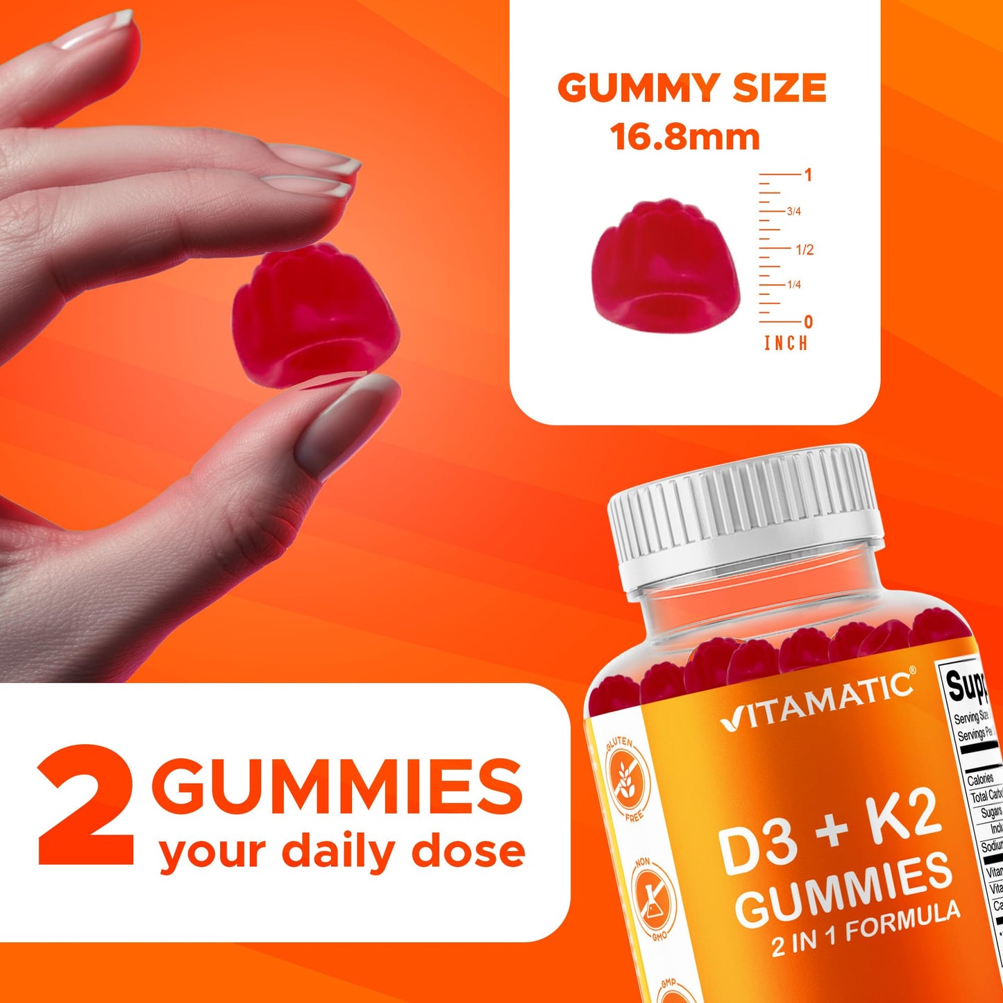 Vitamatic Vitamin D3 & K2 Gummies (2-Pack, 60 Count) Supports Healthy Bones, Heart Health, Calcium Absorption, Vitamatic