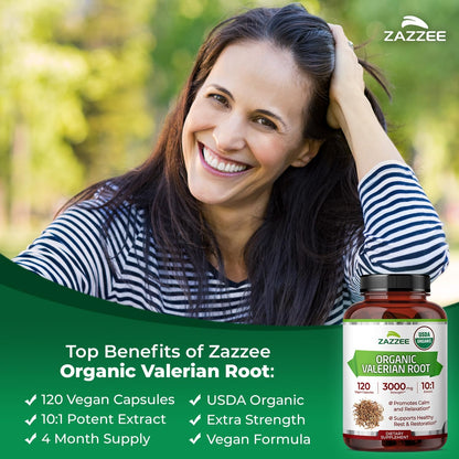 Zazzee USDA Organic Valerian Root 10:1 Extract, 120 Vegan Capsules | 4 Month Supply, Relaxation, Calm & Mood Support, Valeriana Officinalis, All-Natural, Non-GMO, Made in the USA Gsupps Australia