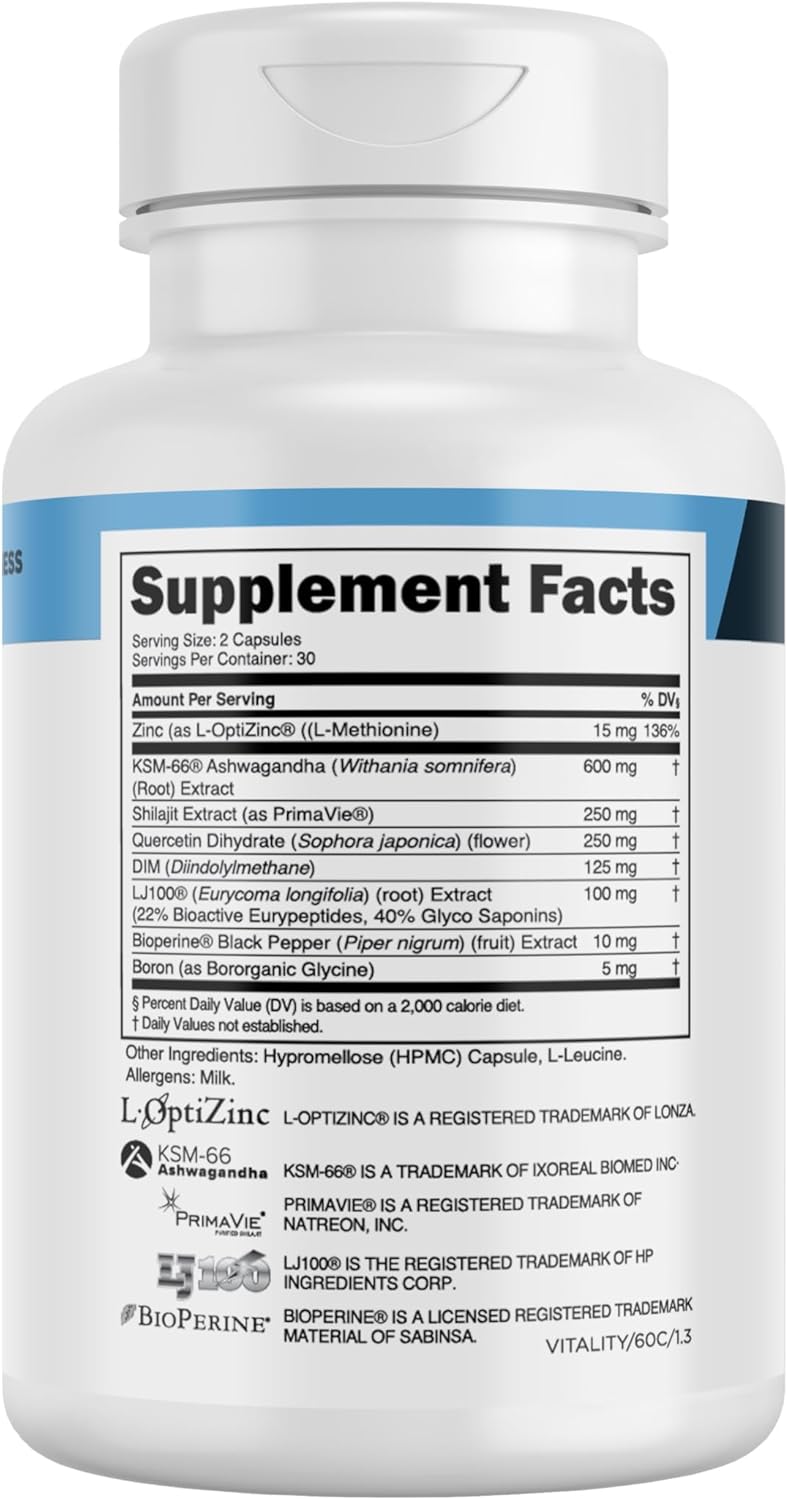 Transparent Labs Vitality Testosterone Booster - Testosterone Supplement for Men with Ashwagandha KSM-66, PrimaVie Shilajit Extract, & DIM to Support Vitality, & Bioavailable Testosterone - 60 Count