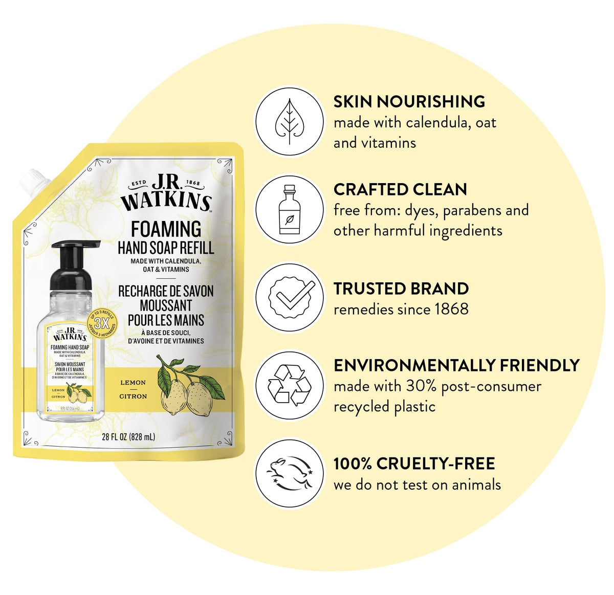 J.R. Watkins Moisturizing Foam Hand Soap Refill 2 Pack, Lemon, 28 fl oz J.R. Watkins