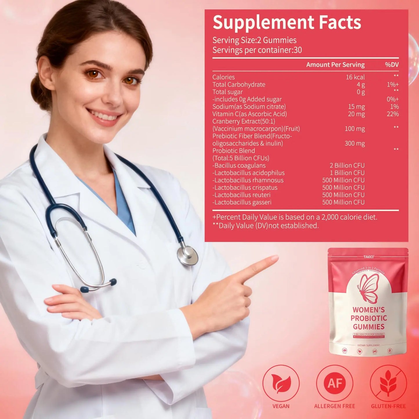 Taeci Vaginal Probiotic Gummies for Women – 5 Billion CFU with Prebiotic & Cranberry Extract – Supports pH Balance, Healthy Odor & Gut Health Taeci