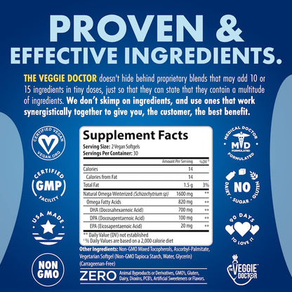 Vegan Omega 3 Supplement – Algae Omega 3 with DHA EPA DPA – Vegan Capsules from Algal – Fish Oil Alternative – Plant-Based Algae Oil Formula – Non-GMO The Veggie Doctor