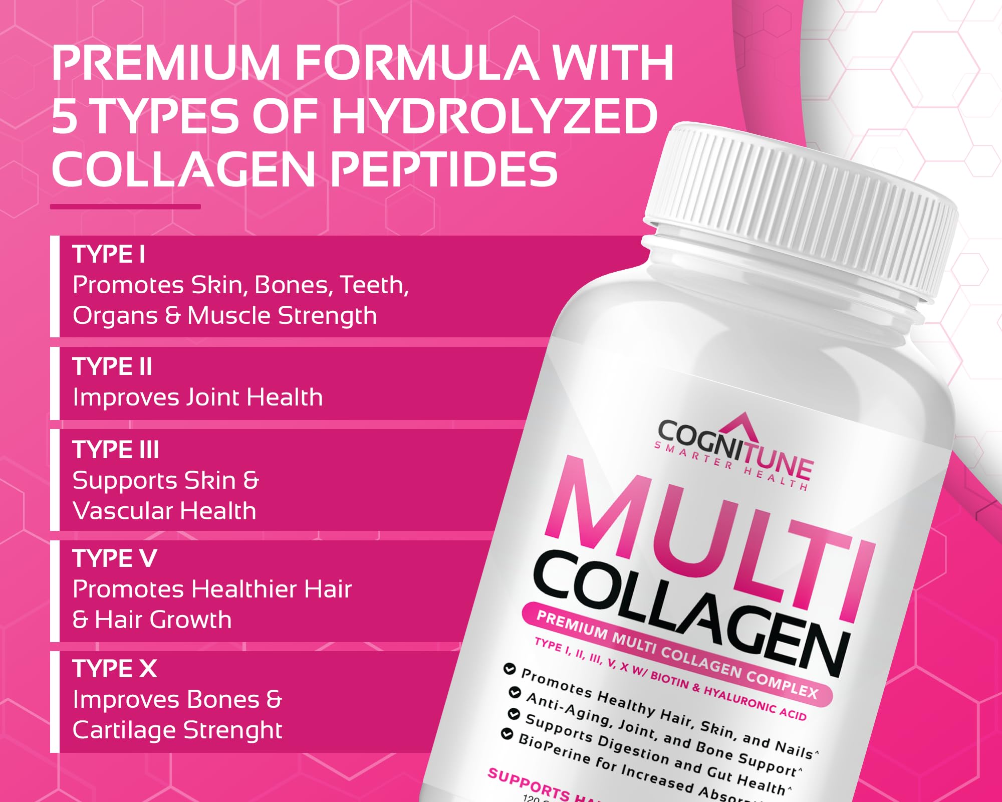 CogniTune Multi Collagen Peptides for Women with Biotin, Hyaluronic Acid, Vitamin C - 5 Types I II III V X Colageno Hidrolizado - 2000mg Hair Skin Nails Joints Support - 120 Capsules CogniTune buy australia supplements
