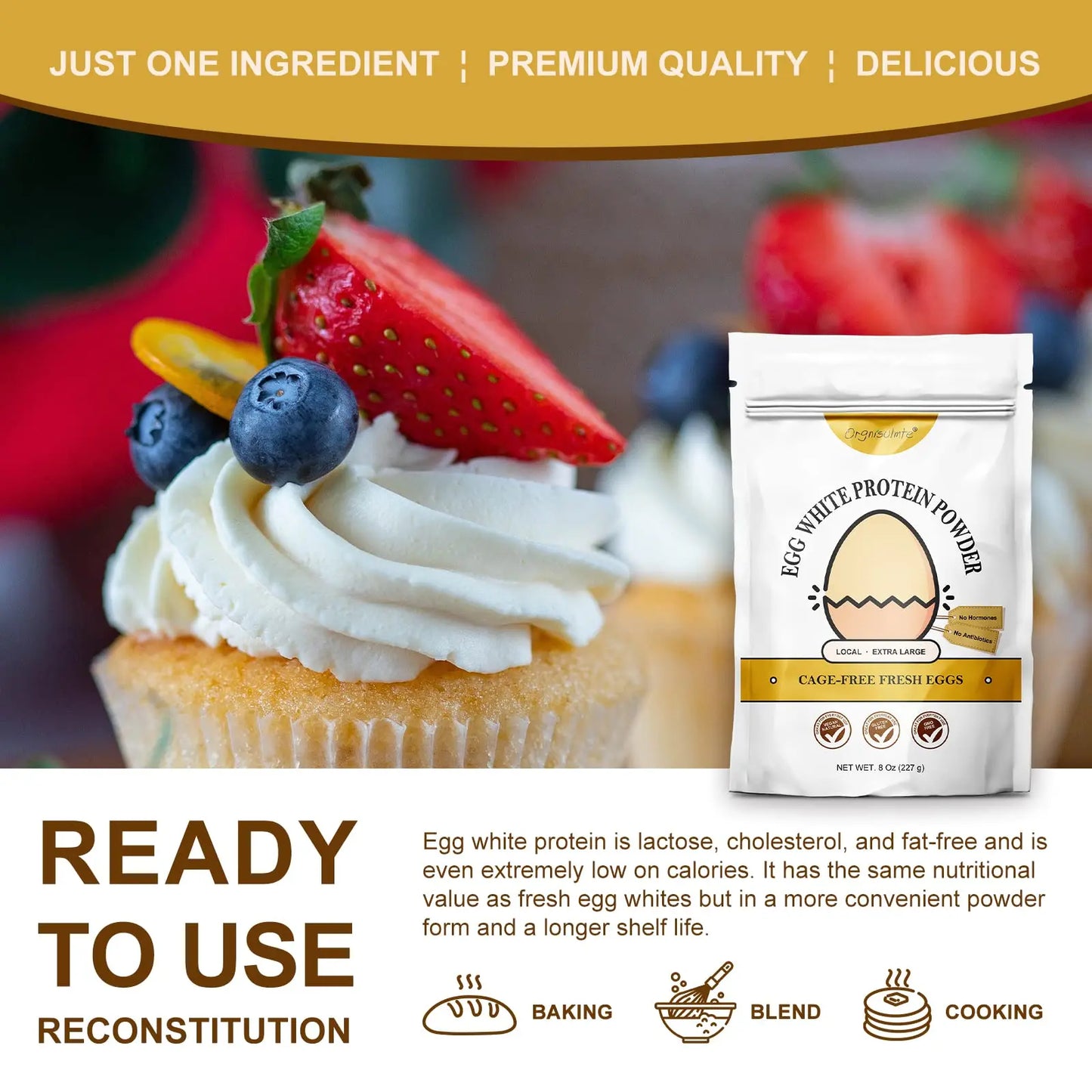 Orgnisulmte Egg White Protein Powder 8 Oz, Pasteurized Dried Egg Whites Protein, Gluten-Free, Non-GMO, Unflavored, Free Range High Whip for Baking, Desserts 227g orgnisulmte