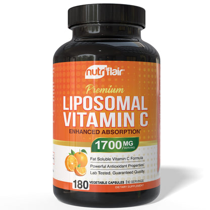 NutriFlair Liposomal Vitamin C 1700mg, 180 Capsules - High Absorption, Fat Soluble VIT C, Higher Bioavailability Immune System Support NutriFlair