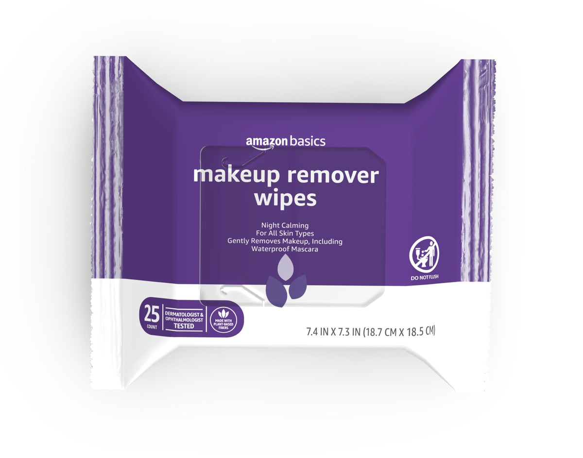 Amazon Basics Makeup Remover Wipes, Night Calming, Gentle Cleansing, Plant Based, Alcohol-Free, Removes Waterproof Mascara, Dermatologist Tested, 25 Count, 1-Pack Amazon Basics