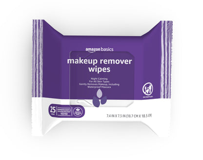 Amazon Basics Makeup Remover Wipes, Night Calming, Gentle Cleansing, Plant Based, Alcohol-Free, Removes Waterproof Mascara, Dermatologist Tested, 25 Count, 1-Pack Amazon Basics